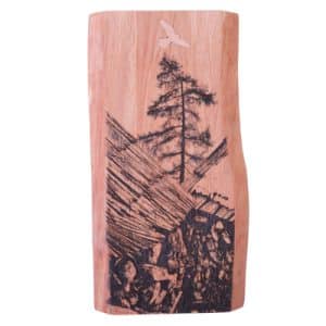 tableau en bois de chêne avec gravure laser et dessin de de montagne et arbre